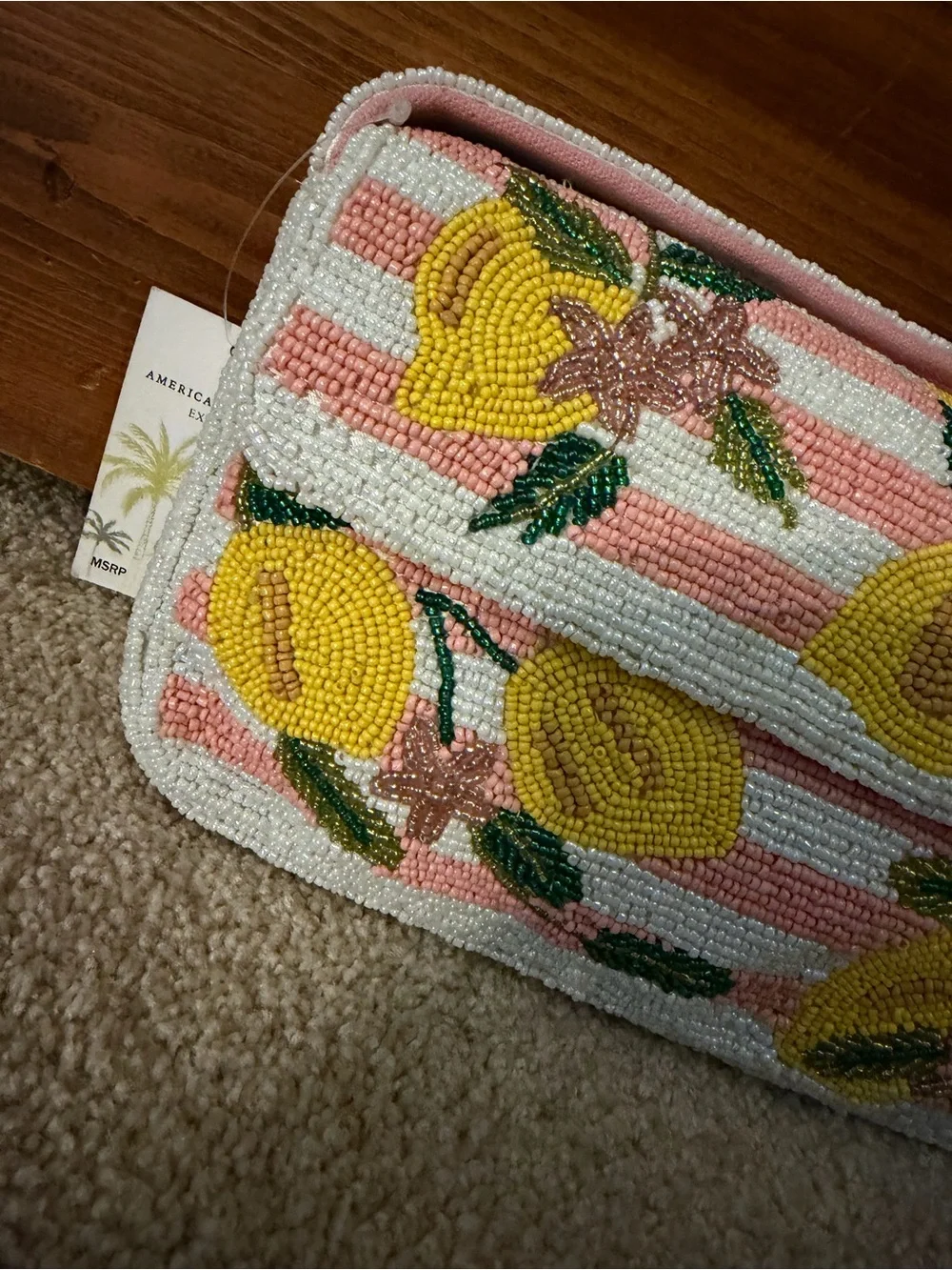 Beaded Lemon Pattern Shoulder Bag in Pink and Yellow - Picture 2 of 8